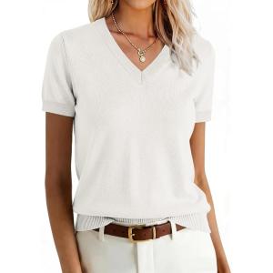 imageANRABESS Women Wool Blend Sweater Summer 2026 Short Sleeve V Neck Pullover Top Business Casual Outfit Beach Vacation ClothesBeige White