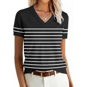 imageANRABESS Women Wool Blend Sweater Summer 2026 Short Sleeve V Neck Pullover Top Business Casual Outfit Beach Vacation ClothesBlack White Stripe