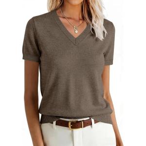 imageANRABESS Women Wool Blend Sweater Summer 2026 Short Sleeve V Neck Pullover Top Business Casual Outfit Beach Vacation ClothesBrown