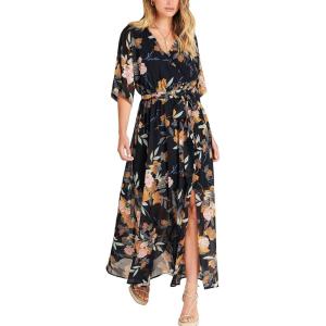 imageANRABESS Womens 12 Sleeve Beach Wedding Guest Maxi Dresses 2026 Summer Wrap V Neck Boho Floral Flowy Slit Long DressesFloral Black Yellow