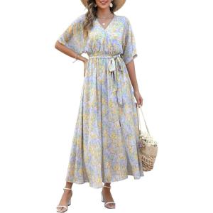 imageANRABESS Womens 12 Sleeve Beach Wedding Guest Maxi Dresses 2026 Summer Wrap V Neck Boho Floral Flowy Slit Long DressesFloral Blue Yellow
