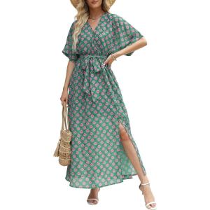 imageANRABESS Womens 12 Sleeve Beach Wedding Guest Maxi Dresses 2026 Summer Wrap V Neck Boho Floral Flowy Slit Long DressesFloral Green Pink