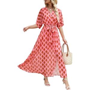 imageANRABESS Womens 12 Sleeve Beach Wedding Guest Maxi Dresses 2026 Summer Wrap V Neck Boho Floral Flowy Slit Long DressesFloral Red