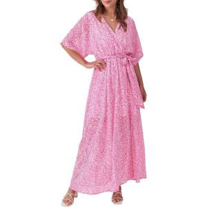 imageANRABESS Womens 12 Sleeve Beach Wedding Guest Maxi Dresses 2026 Summer Wrap V Neck Boho Floral Flowy Slit Long DressesFloral Red White