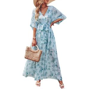 imageANRABESS Womens 12 Sleeve Beach Wedding Guest Maxi Dresses 2026 Summer Wrap V Neck Boho Floral Flowy Slit Long DressesGreen Leaf Print