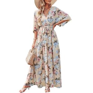 imageANRABESS Womens 12 Sleeve Beach Wedding Guest Maxi Dresses 2026 Summer Wrap V Neck Boho Floral Flowy Slit Long DressesYellow Flor