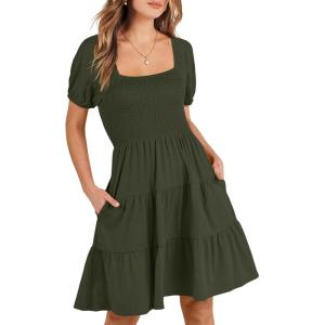 imageANRABESS Womens 2026 Summer Casual Dress Square Neck Puff Sleeve Boho Beach Vacation Short DressArmy Green
