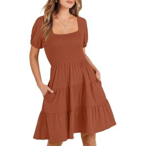 imageANRABESS Womens 2026 Summer Casual Dress Square Neck Puff Sleeve Boho Beach Vacation Short DressBrown