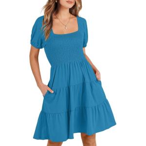 imageANRABESS Womens 2026 Summer Casual Dress Square Neck Puff Sleeve Boho Beach Vacation Short DressDeep Sky Blue