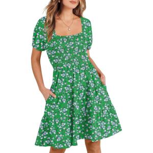 imageANRABESS Womens 2026 Summer Casual Dress Square Neck Puff Sleeve Boho Beach Vacation Short DressGreen Floral