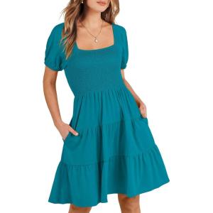 imageANRABESS Womens 2026 Summer Casual Dress Square Neck Puff Sleeve Boho Beach Vacation Short DressLake Green Teal