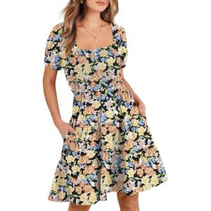 imageANRABESS Womens 2026 Summer Casual Dress Square Neck Puff Sleeve Boho Beach Vacation Short DressOrange Floral