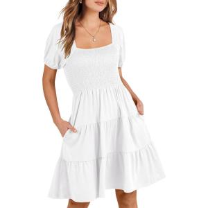 imageANRABESS Womens 2026 Summer Casual Dress Square Neck Puff Sleeve Boho Beach Vacation Short DressWhite