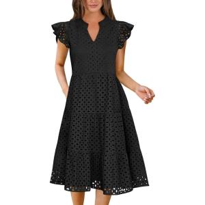imageANRABESS Womens 2026 Summer Midi Dress Hollow Out Eyelet Ruffle Sleeve V Neck Casual Flowy Tiered Beach Vacation SundressBlack