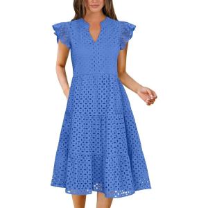 imageANRABESS Womens 2026 Summer Midi Dress Hollow Out Eyelet Ruffle Sleeve V Neck Casual Flowy Tiered Beach Vacation SundressBlue