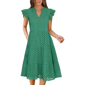 imageANRABESS Womens 2026 Summer Midi Dress Hollow Out Eyelet Ruffle Sleeve V Neck Casual Flowy Tiered Beach Vacation SundressDark Green