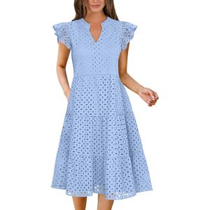 imageANRABESS Womens 2026 Summer Midi Dress Hollow Out Eyelet Ruffle Sleeve V Neck Casual Flowy Tiered Beach Vacation SundressLight Blue