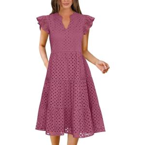 imageANRABESS Womens 2026 Summer Midi Dress Hollow Out Eyelet Ruffle Sleeve V Neck Casual Flowy Tiered Beach Vacation SundressWine Red
