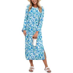 imageANRABESS Womens 34 Sleeve Striped Slit Midi T Shirt Dresses 2026 Summer Casual Beach Vacation Clothes Spring Travel SundressPrint Lake Blue