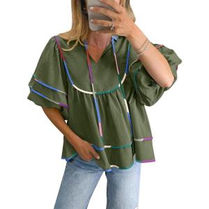 imageANRABESS Womens Babydoll Tops 2026 Summer V Neck Boho Blouse Short Lantern Sleeve Dressy Casual Shirts Flowy Peplum T ShirtArmy Green