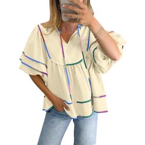 imageANRABESS Womens Babydoll Tops 2026 Summer V Neck Boho Blouse Short Lantern Sleeve Dressy Casual Shirts Flowy Peplum T ShirtBeige