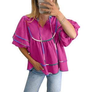 imageANRABESS Womens Babydoll Tops 2026 Summer V Neck Boho Blouse Short Lantern Sleeve Dressy Casual Shirts Flowy Peplum T ShirtHot Pink