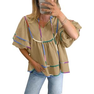 imageANRABESS Womens Babydoll Tops 2026 Summer V Neck Boho Blouse Short Lantern Sleeve Dressy Casual Shirts Flowy Peplum T ShirtKhaki