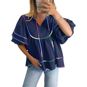imageANRABESS Womens Babydoll Tops 2026 Summer V Neck Boho Blouse Short Lantern Sleeve Dressy Casual Shirts Flowy Peplum T ShirtNavy Blue