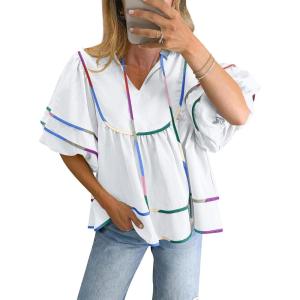 imageANRABESS Womens Babydoll Tops 2026 Summer V Neck Boho Blouse Short Lantern Sleeve Dressy Casual Shirts Flowy Peplum T ShirtWhite