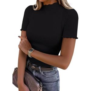 imageANRABESS Womens Lettuce Trim Mock Neck Short Sleeve Tops Casual Ribbed Knit Slim Fit Tee Shirt Spring Layer Vacation OutfitsBlack