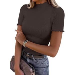 imageANRABESS Womens Lettuce Trim Mock Neck Short Sleeve Tops Casual Ribbed Knit Slim Fit Tee Shirt Spring Layer Vacation OutfitsBrown