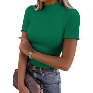 imageANRABESS Womens Lettuce Trim Mock Neck Short Sleeve Tops Casual Ribbed Knit Slim Fit Tee Shirt Spring Layer Vacation OutfitsGreen