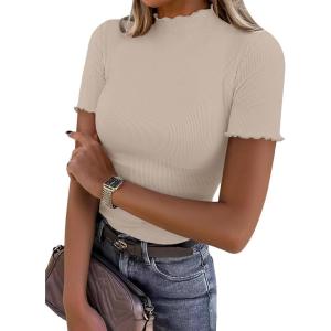 imageANRABESS Womens Lettuce Trim Mock Neck Short Sleeve Tops Casual Ribbed Knit Slim Fit Tee Shirt Spring Layer Vacation OutfitsOatmeal