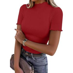 imageANRABESS Womens Lettuce Trim Mock Neck Short Sleeve Tops Casual Ribbed Knit Slim Fit Tee Shirt Spring Layer Vacation OutfitsRed