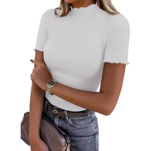 imageANRABESS Womens Lettuce Trim Mock Neck Short Sleeve Tops Casual Ribbed Knit Slim Fit Tee Shirt Spring Layer Vacation OutfitsWhite
