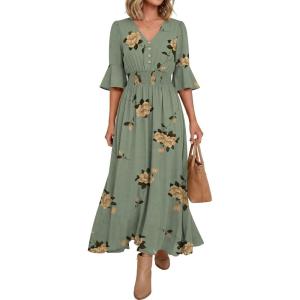 imageANRABESS Womens Maxi Dress 2026 Summer Boho Ruffle Sleeve V Neck A Line Elastic Waist Flowy Wedding Guest Party Long DressesFloral Green