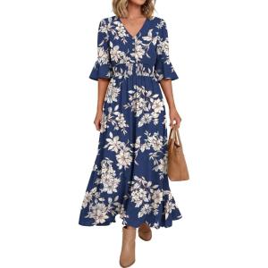 imageANRABESS Womens Maxi Dress 2026 Summer Boho Ruffle Sleeve V Neck A Line Elastic Waist Flowy Wedding Guest Party Long DressesFloral Navy White