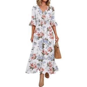 imageANRABESS Womens Maxi Dress 2026 Summer Boho Ruffle Sleeve V Neck A Line Elastic Waist Flowy Wedding Guest Party Long DressesFloral White