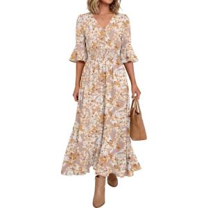 imageANRABESS Womens Maxi Dress 2026 Summer Boho Ruffle Sleeve V Neck A Line Elastic Waist Flowy Wedding Guest Party Long DressesFloral Yellow White