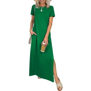 imageANRABESS Womens Summer Casual Maxi Dress Short Sleeve Crewneck Split WrinkleFree Travel Long Sundress Beach Vacation ClothesGreen