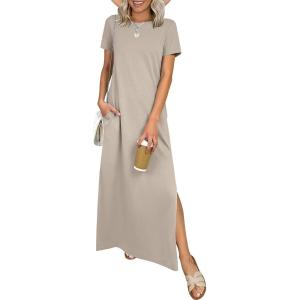 imageANRABESS Womens Summer Casual Maxi Dress Short Sleeve Crewneck Split WrinkleFree Travel Long Sundress Beach Vacation ClothesLight Khaki