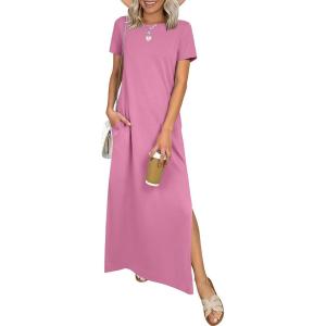 imageANRABESS Womens Summer Casual Maxi Dress Short Sleeve Crewneck Split WrinkleFree Travel Long Sundress Beach Vacation ClothesPink