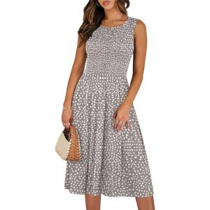 imageANRABESS Womens Summer Casual Midi Dresses Sleeveless Smocked Elastic Waist Flowy Sundress 2026 Spring Beach Vacation ClothesGrey Khaki White Dot
