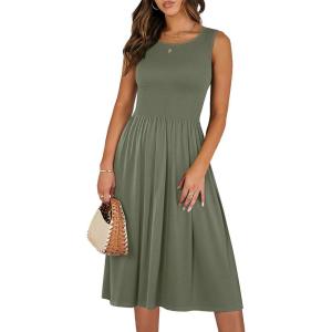 imageANRABESS Womens Summer Casual Midi Dresses Sleeveless Smocked Elastic Waist Flowy Sundress 2026 Spring Beach Vacation ClothesOlive