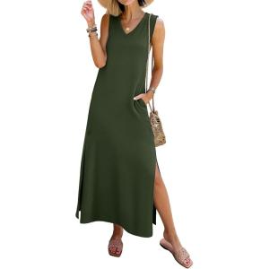 imageANRABESS Womens Summer Casual V Neck Sleeveless Tank Maxi Dress Split WrinkleFree Beach Vacation Sundress Cruise OutfitsArmy Green