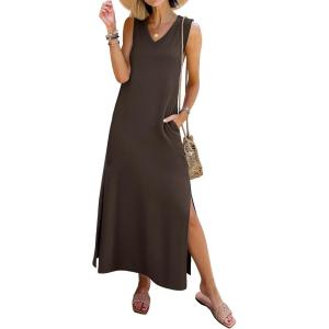 imageANRABESS Womens Summer Casual V Neck Sleeveless Tank Maxi Dress Split WrinkleFree Beach Vacation Sundress Cruise OutfitsBrown