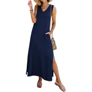 imageANRABESS Womens Summer Casual V Neck Sleeveless Tank Maxi Dress Split WrinkleFree Beach Vacation Sundress Cruise OutfitsNavy Blue