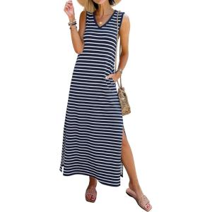imageANRABESS Womens Summer Casual V Neck Sleeveless Tank Maxi Dress Split WrinkleFree Beach Vacation Sundress Cruise OutfitsNavy Blue White Stripe