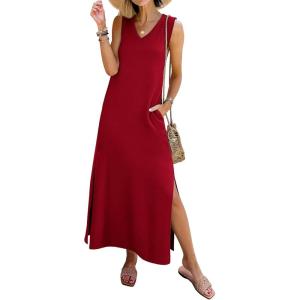 imageANRABESS Womens Summer Casual V Neck Sleeveless Tank Maxi Dress Split WrinkleFree Beach Vacation Sundress Cruise OutfitsRed