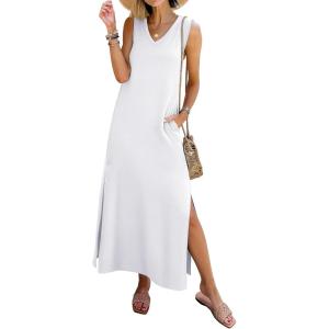 imageANRABESS Womens Summer Casual V Neck Sleeveless Tank Maxi Dress Split WrinkleFree Beach Vacation Sundress Cruise OutfitsWhite
